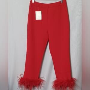 MISS CIRCLE Yulia Red Crop Pants With Feather Trim Hem. S